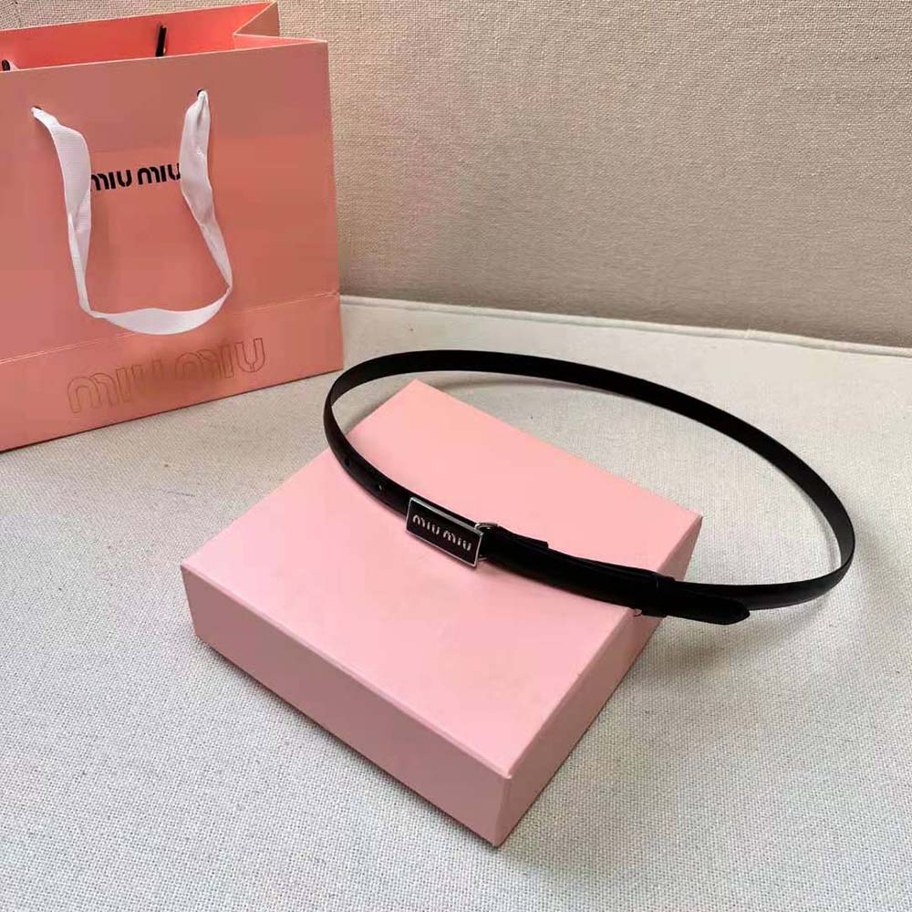 Close-up of enameled metal buckle on Miu Miu Women Brushed Leather Belt