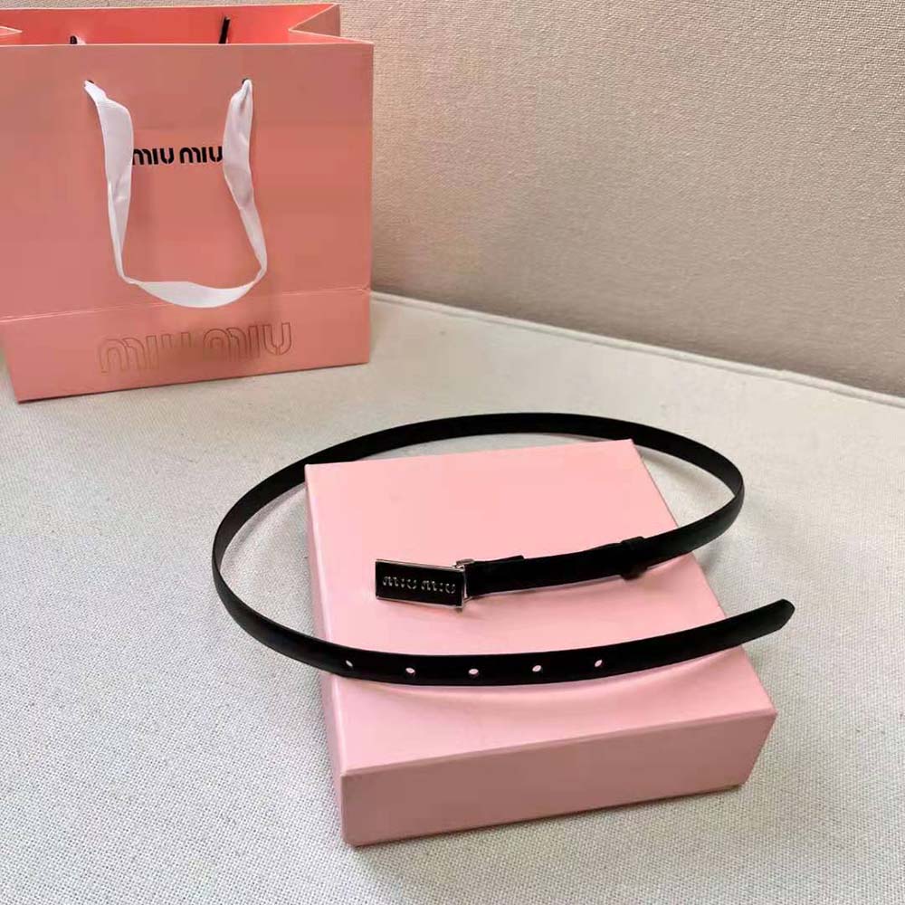 Side angle showing brushed leather texture of Miu Miu Women Black Belt