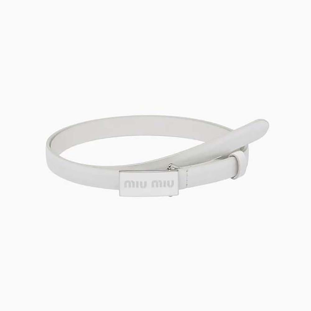 Front view of Miu Miu Women Brushed Leather Belt with Enameled Metal Buckle-White