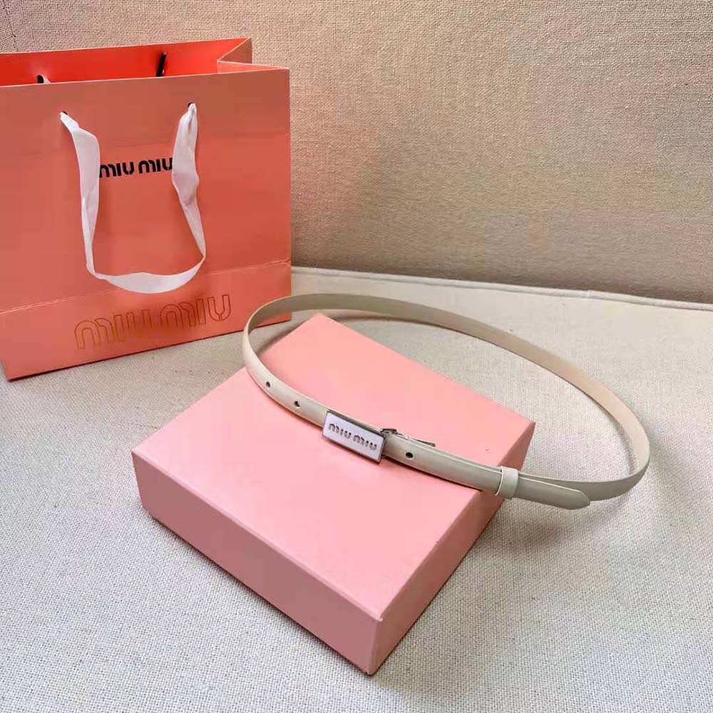 Close-up of enameled metal buckle on Miu Miu Women Brushed Leather Belt white