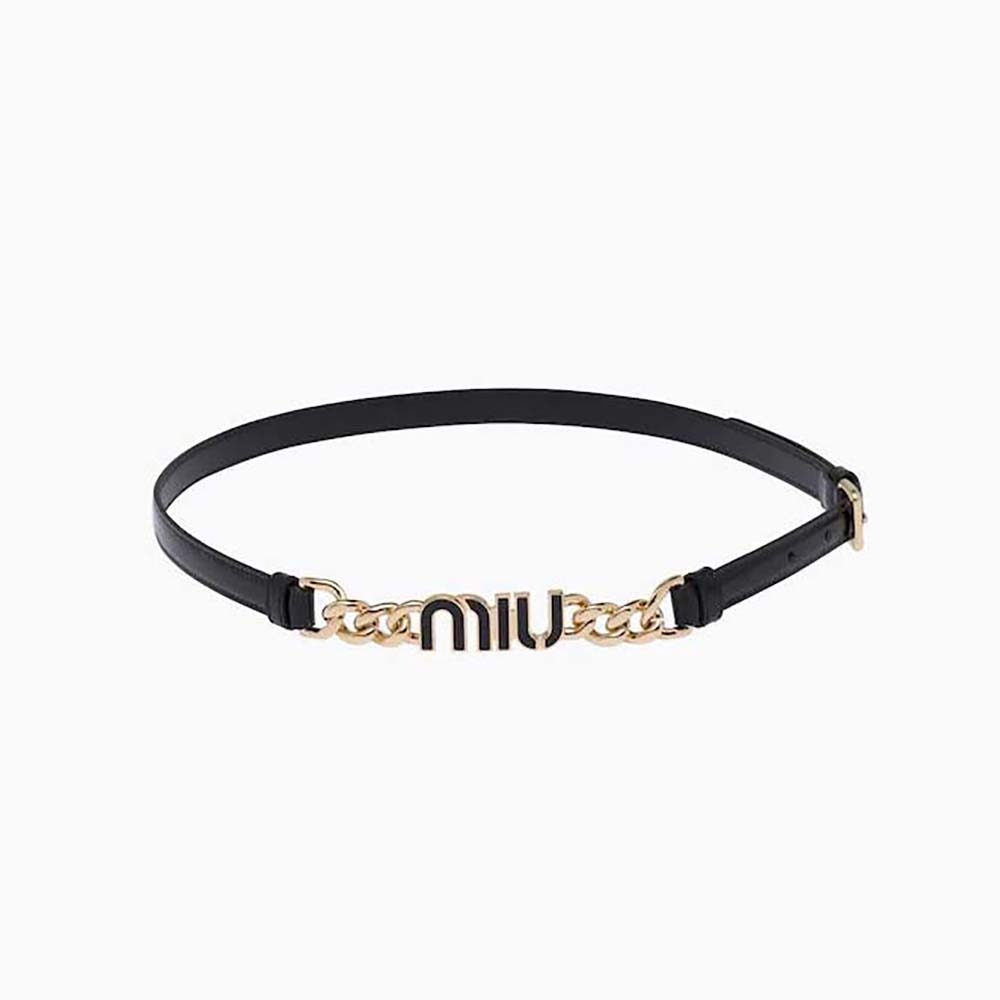 Front view of Miu Miu Women Brushed Leather Belt with Logo-Black showing buckle