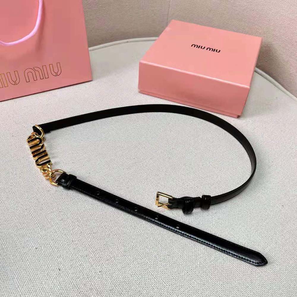 Side angle of slim Miu Miu brushed leather belt with adjustable closure