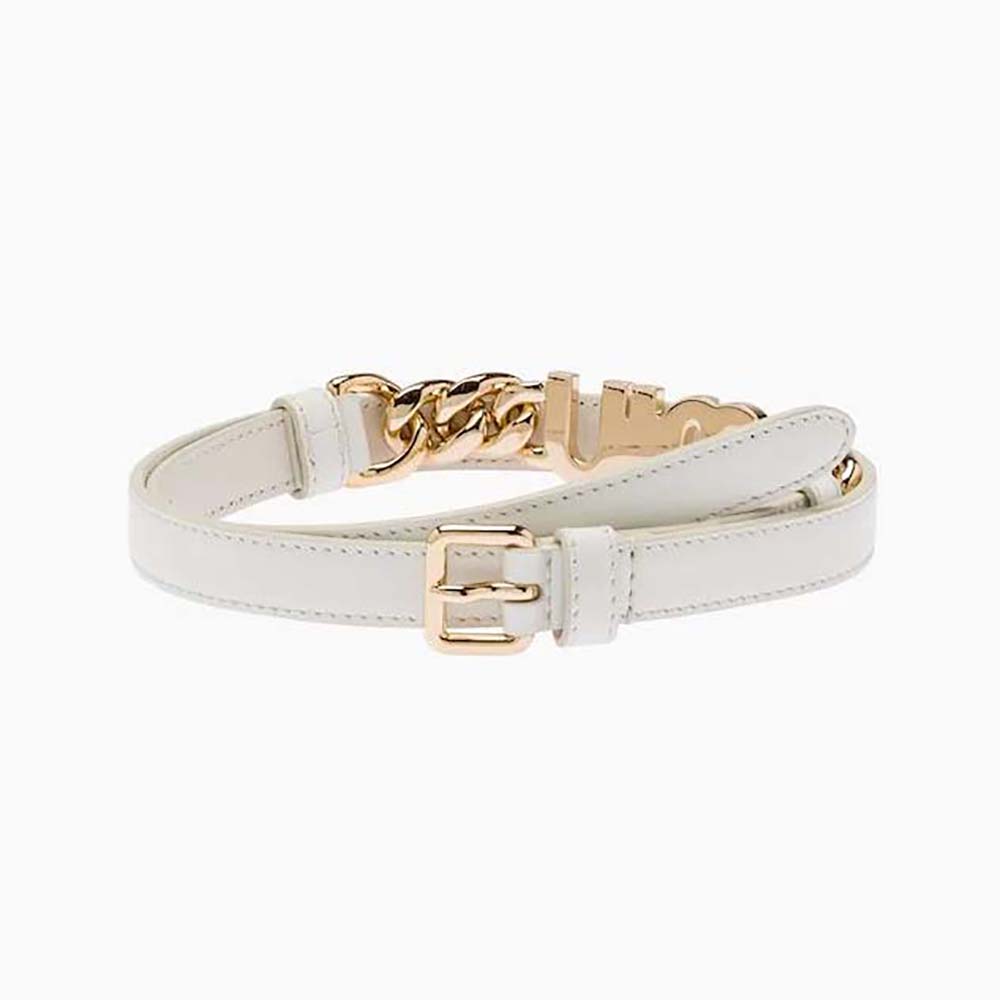 Front view of Miu Miu Women Brushed Leather Belt with Logo-White