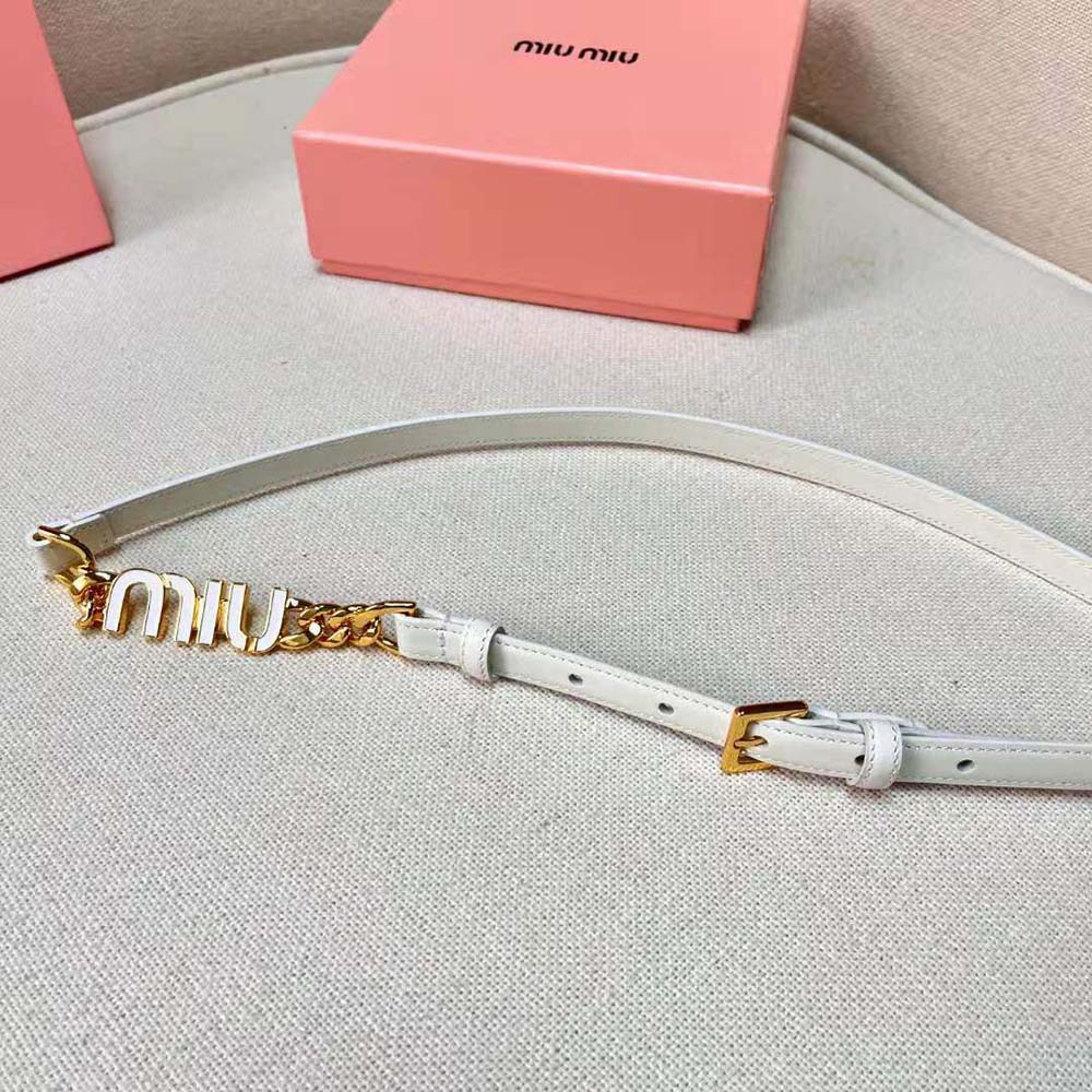 Miu Miu Women Brushed Leather Belt with Logo-White - image 4