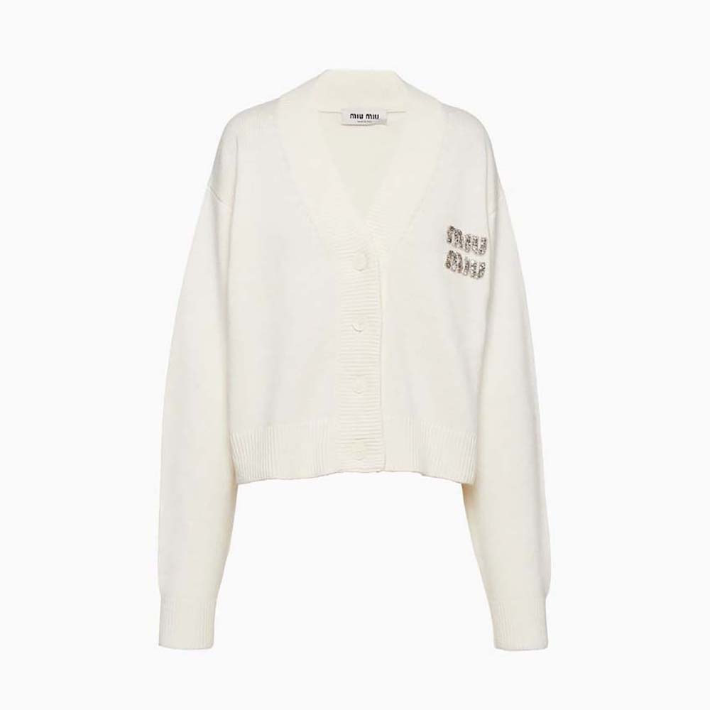 Front view of Miu Miu Women Cashmere Cardigan Features an Embroidered Logo-White