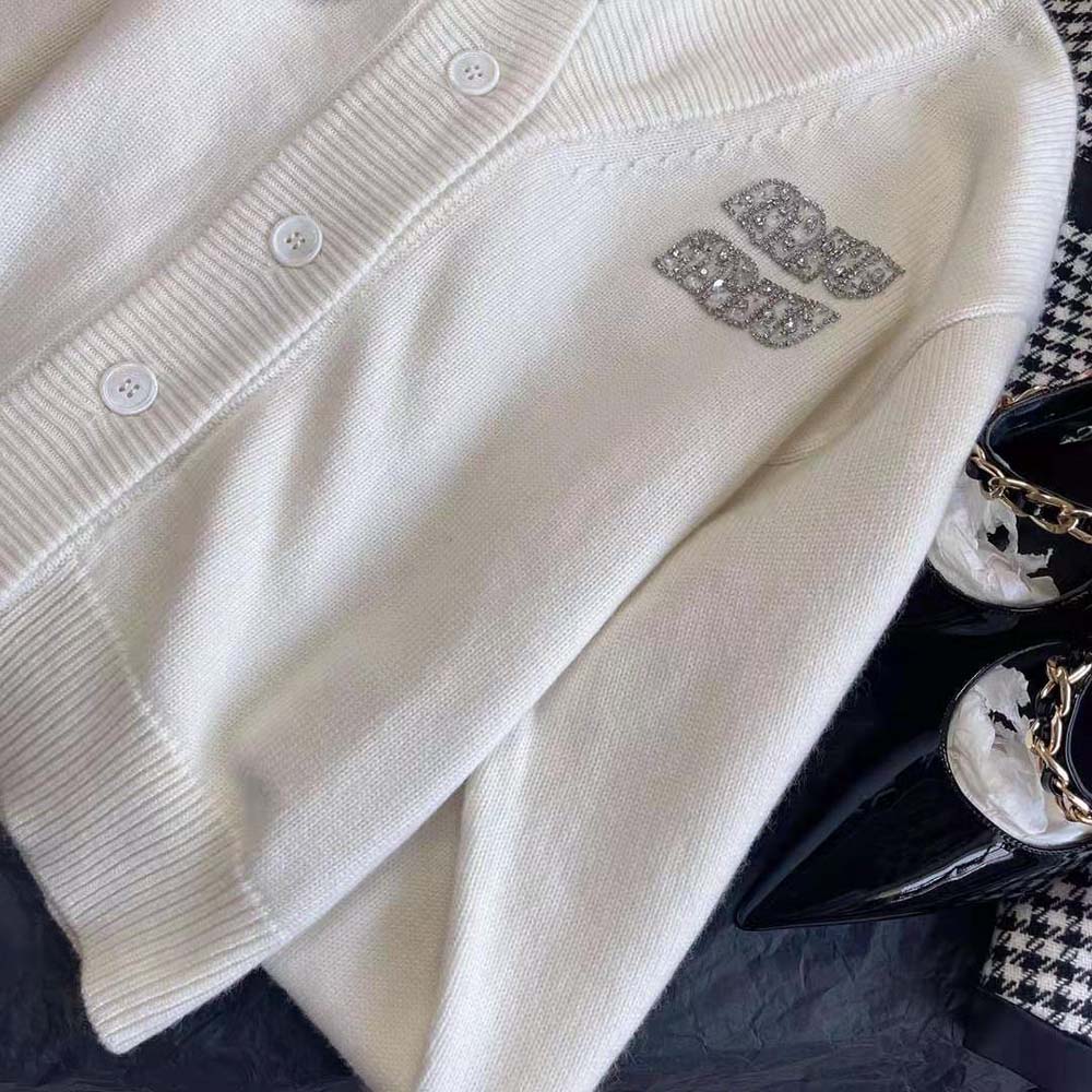 Miu Miu Women Cashmere Cardigan Features an Embroidered Logo-White - image 8