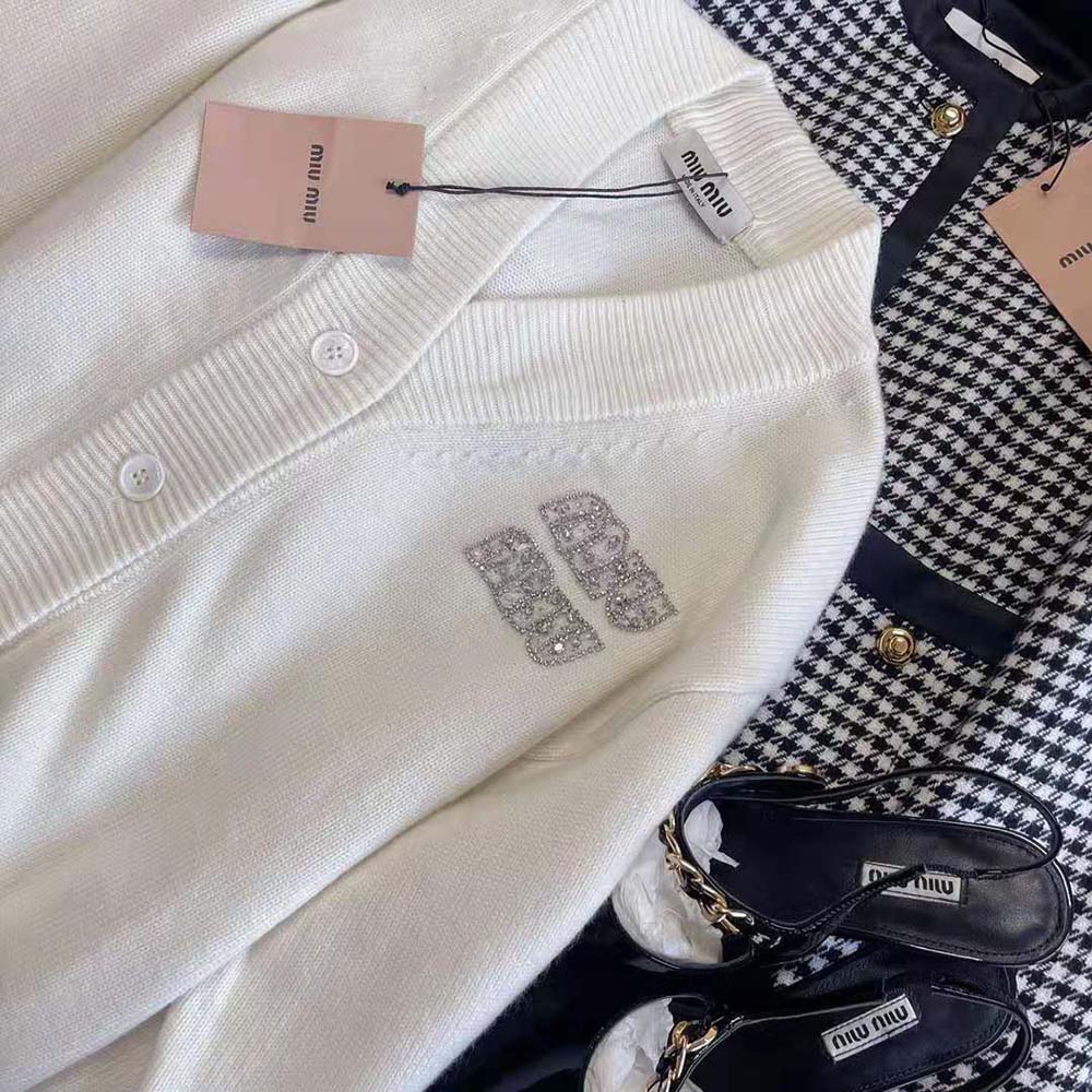 Miu Miu Women Cashmere Cardigan Features an Embroidered Logo-White - image 5