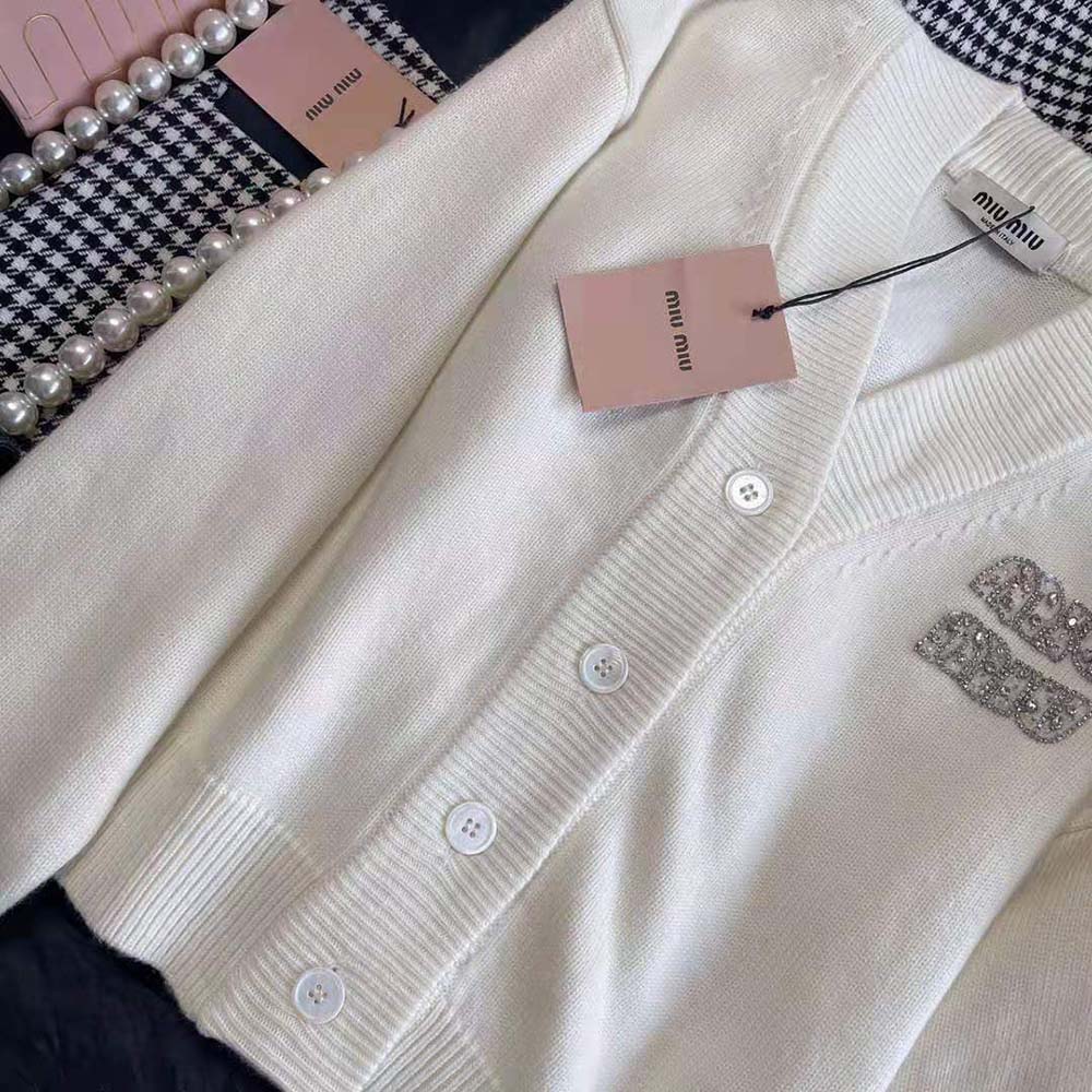 Miu Miu Women Cashmere Cardigan Features an Embroidered Logo-White - image 4