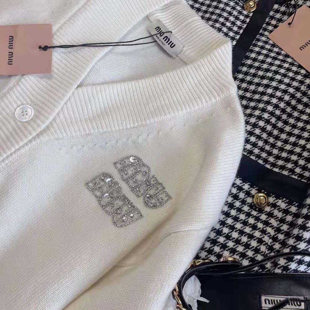 Miu Miu Women Cashmere Cardigan Features an Embroidered Logo-White - image 7