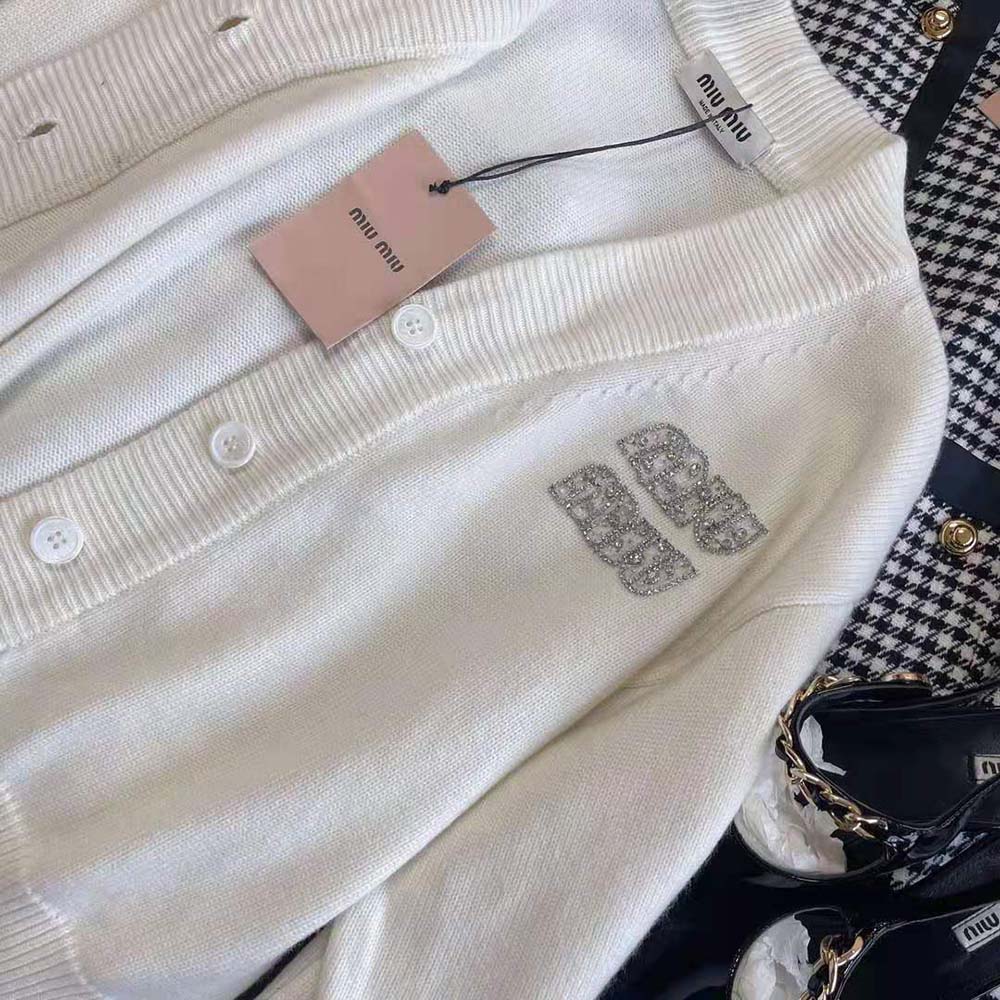 Miu Miu Women Cashmere Cardigan Features an Embroidered Logo-White - image 6