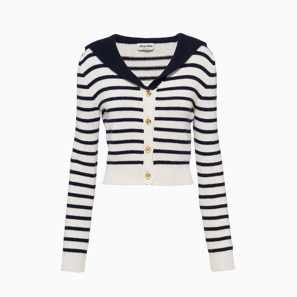 Front view of Miu Miu Women Cashmere Cardigan with Intarsia Logo-White displayed neatly