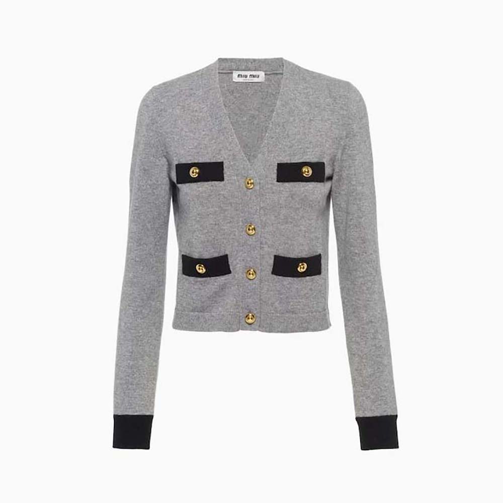 Front view of Miu Miu Women Cashmere Cardigan with Knit Logo Patch-Gray