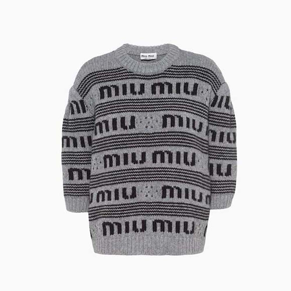 Front view of Miu Miu Women Cashmere Crew-Neck Sweater with Intarsia Knit Logo-Gray