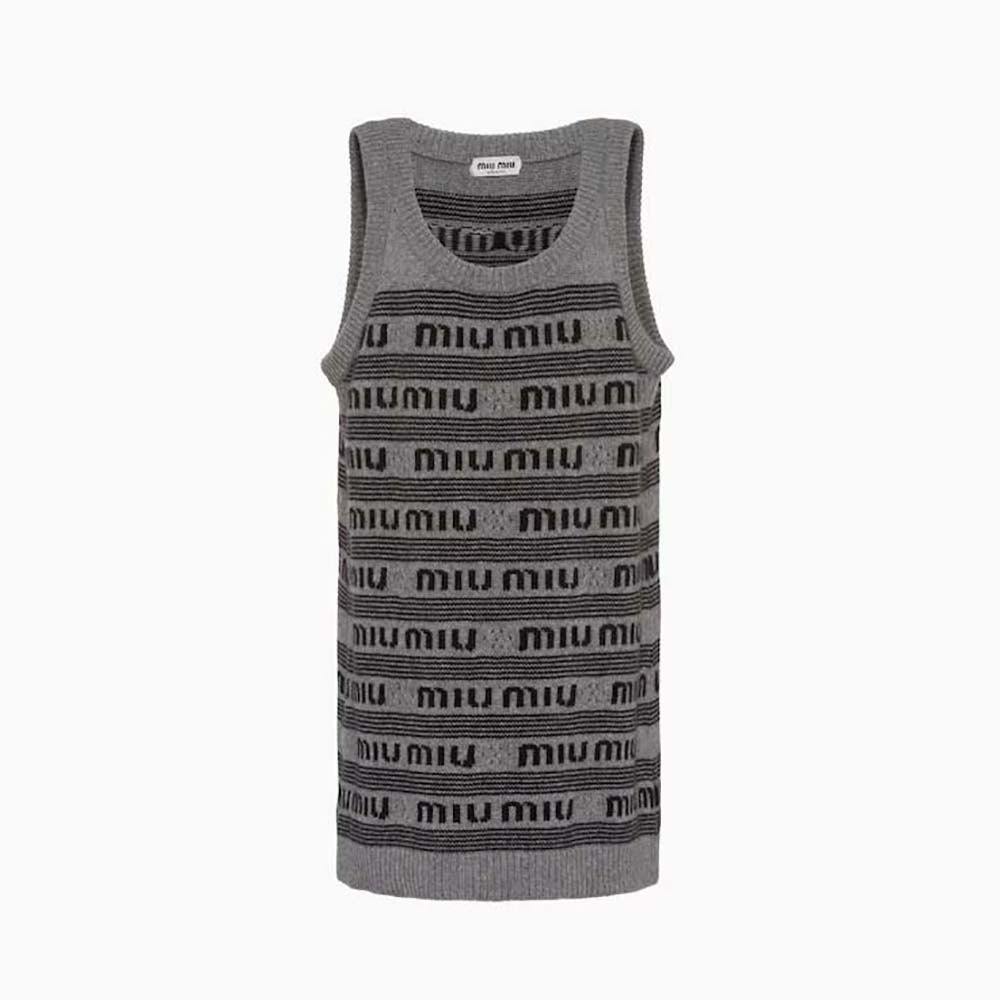 Front view of Miu Miu Women Cashmere Dress with Intarsia-Knit Logo-Gray
