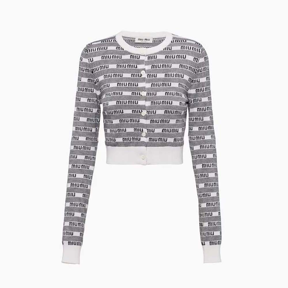 Front view of Miu Miu Women Cashmere and Silk Cardigan with Jacquard Logo-White