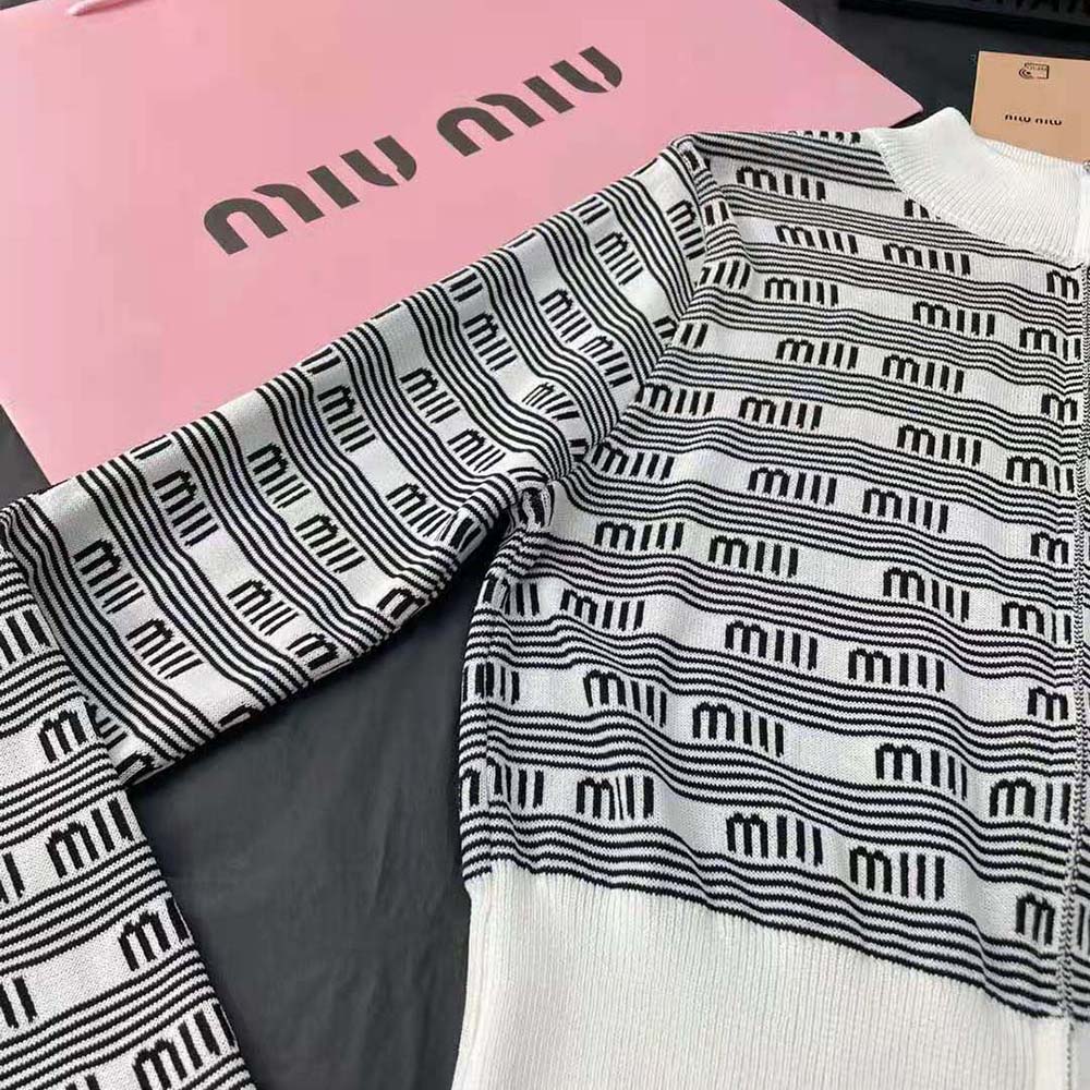 Miu Miu Women Cashmere and Silk Cardigan with Jacquard Logo-White - image 7