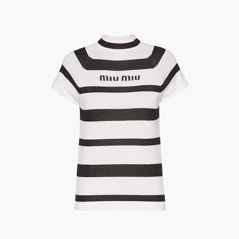 Front view of Miu Miu Women Cashmere and Silk Turtleneck Sweater-White in black