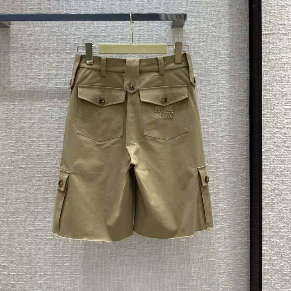 Side angle showing silhouette and button closure of Miu Miu Women Chino Bermudas