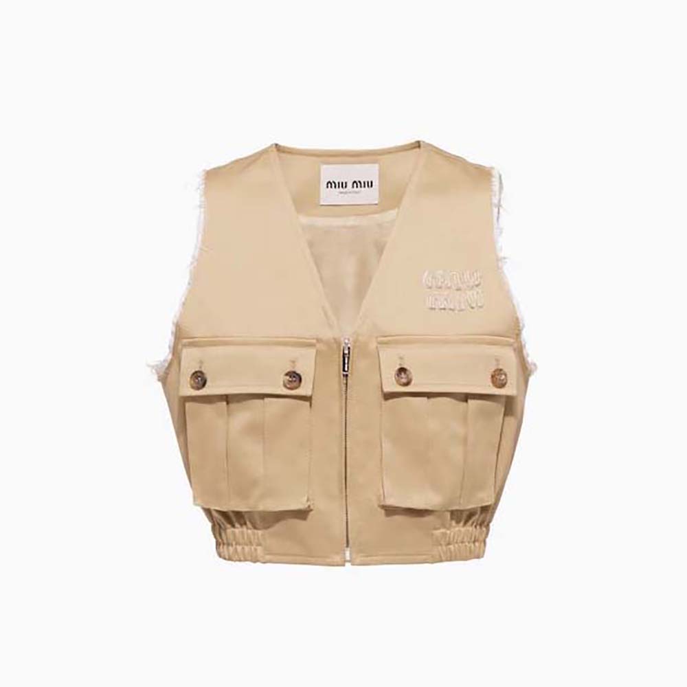 Front view of Miu Miu Women Chino Vest with Embroidered Logo in brown