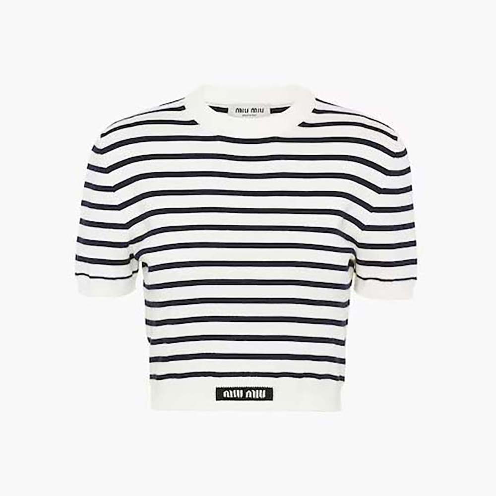 Front view of Miu Miu Women Cotton Crew-Neck Sweater with Intarsia Logo-Black