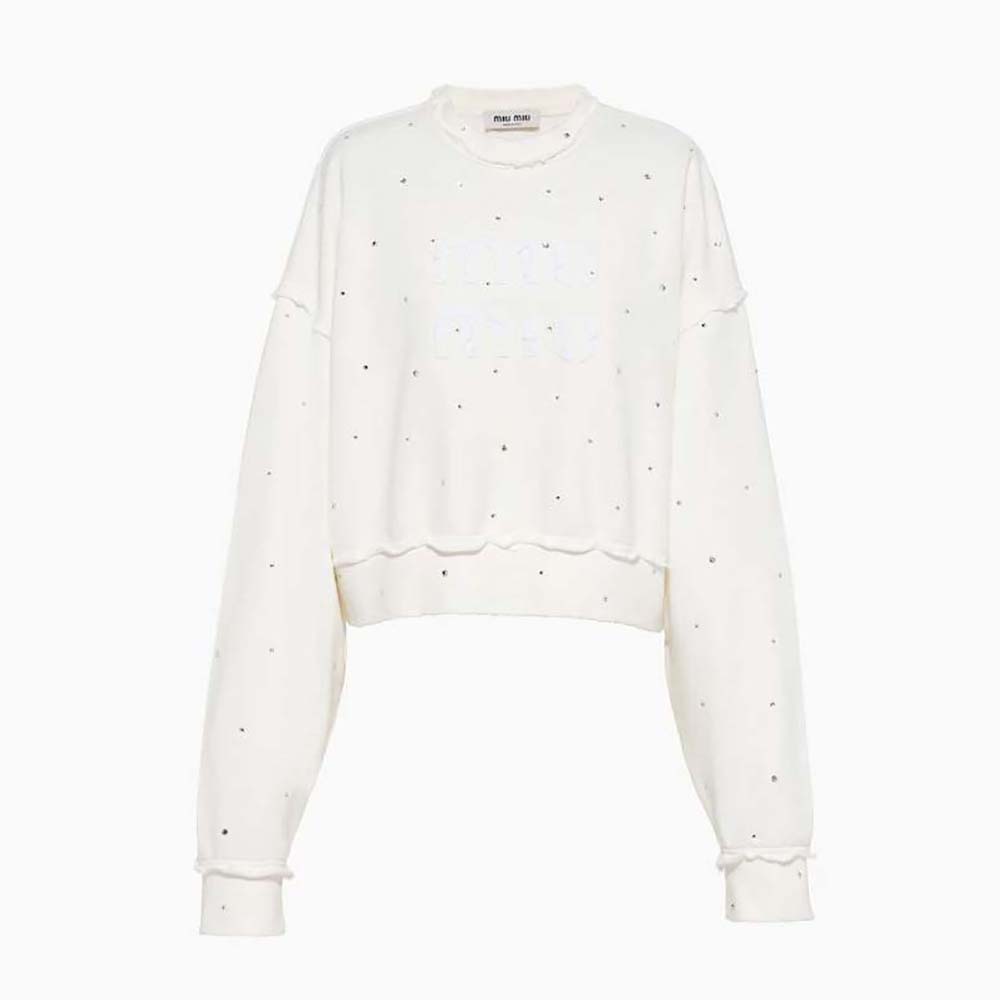 Front view of Miu Miu Women Cotton Embroidered Sweatshirt with Crystals-White