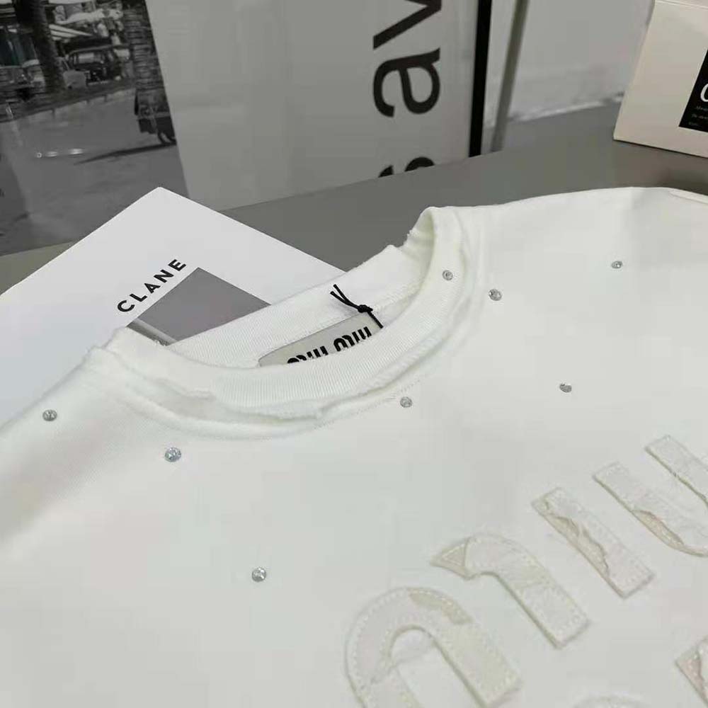 Miu Miu Women Cotton Embroidered Sweatshirt with Crystals-White - image 4