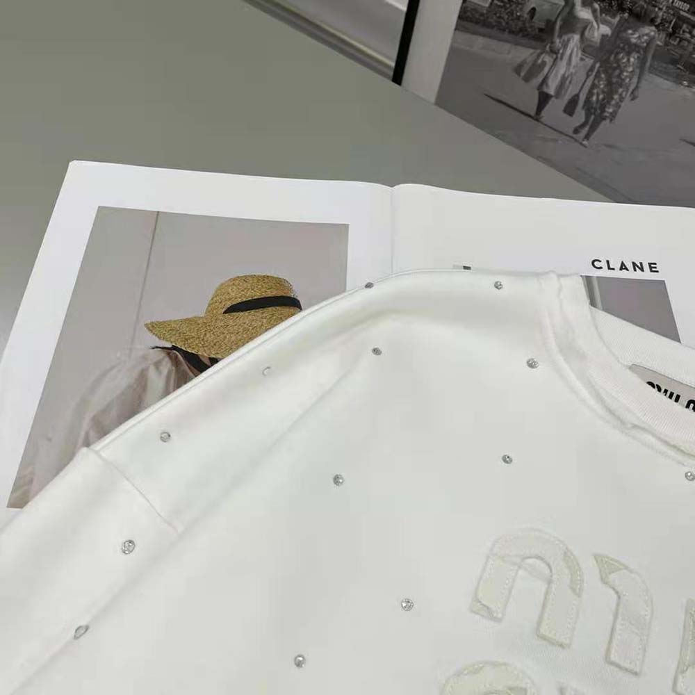 Miu Miu Women Cotton Embroidered Sweatshirt with Crystals-White - image 9