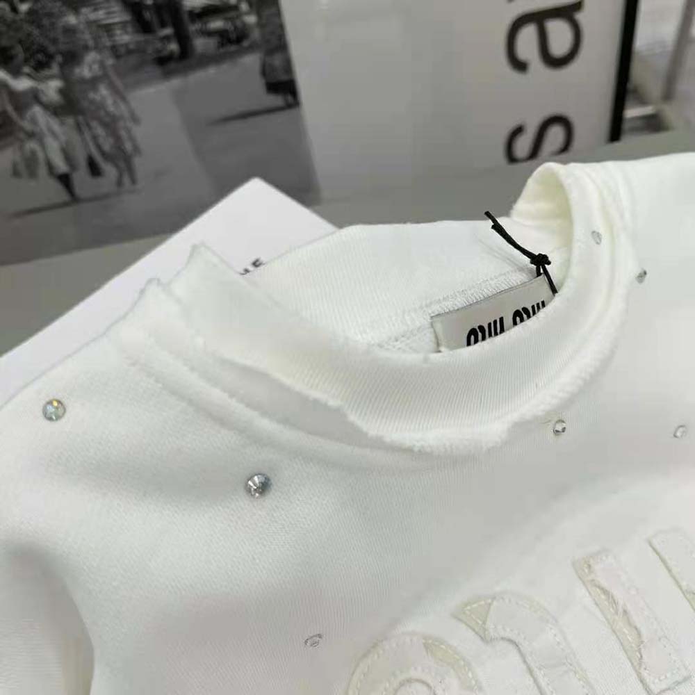 Miu Miu Women Cotton Embroidered Sweatshirt with Crystals-White - image 5