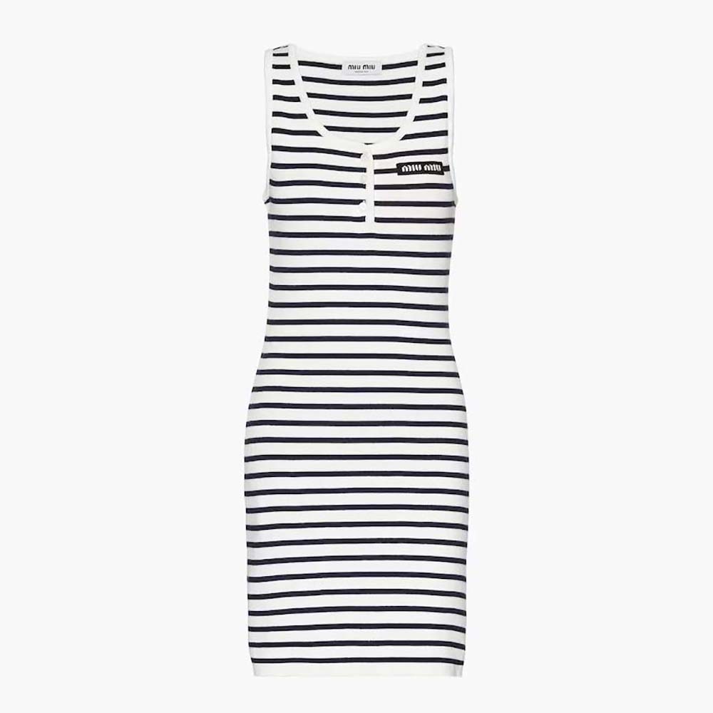 Front view of Miu Miu Women Cotton Mini-Dress with Knit Logo Patch-White