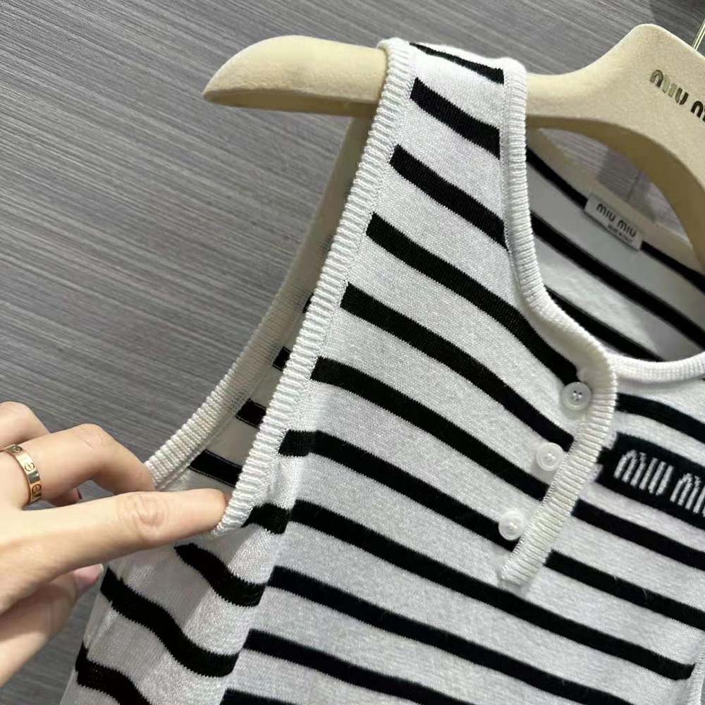 Miu Miu Women Cotton Mini-Dress with Knit Logo Patch-White - image 6