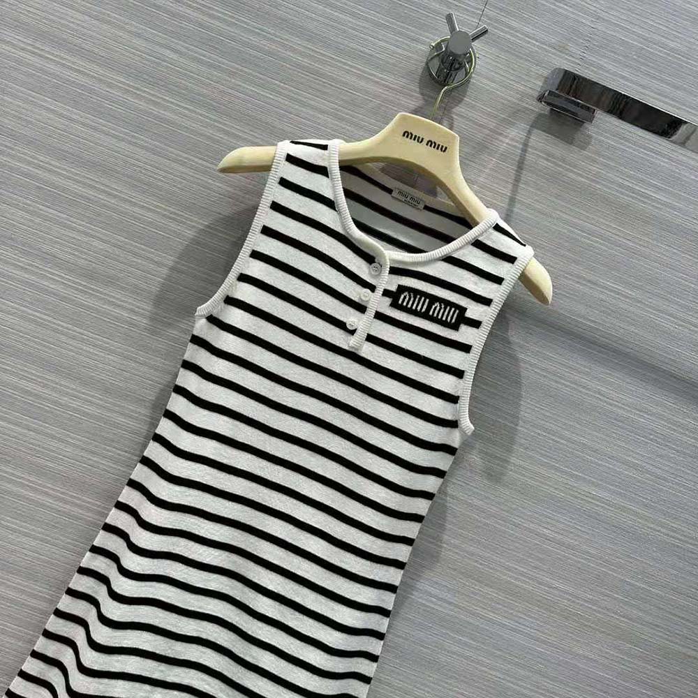Miu Miu Women Cotton Mini-Dress with Knit Logo Patch-White - image 4