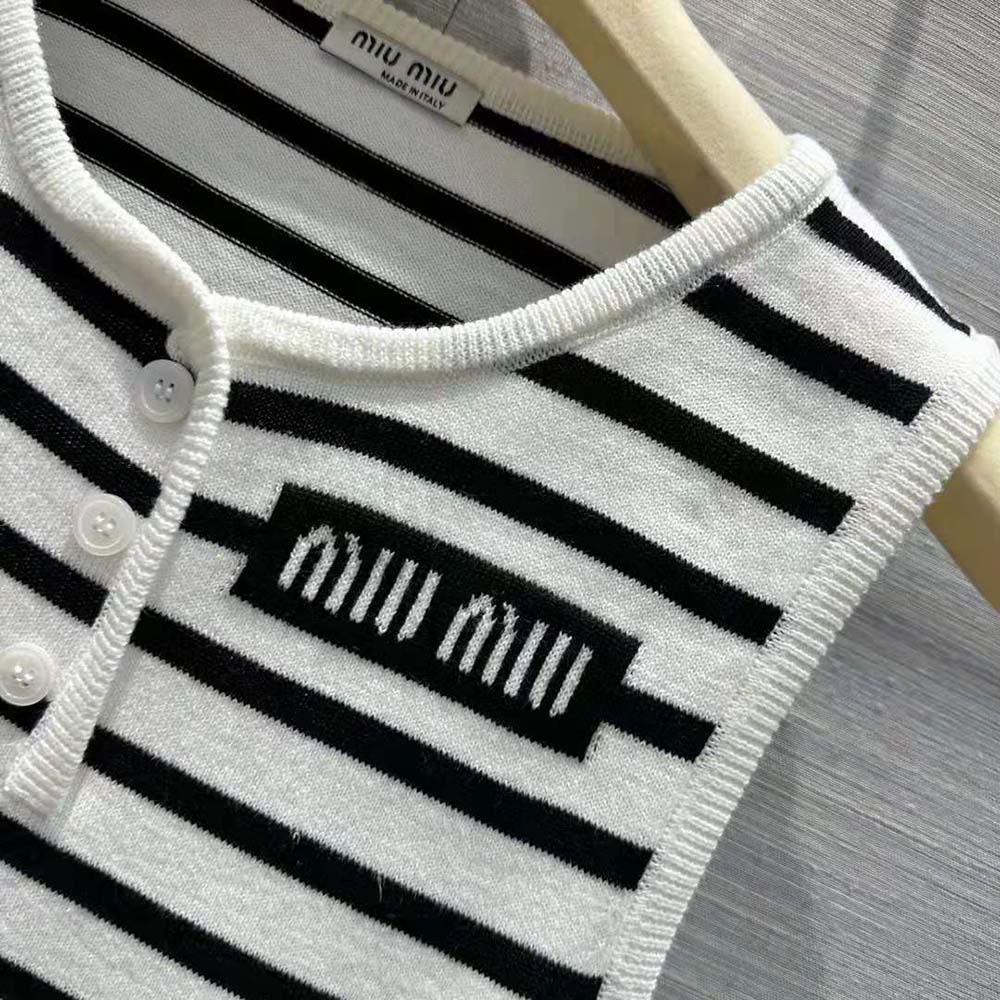 Miu Miu Women Cotton Mini-Dress with Knit Logo Patch-White - image 7