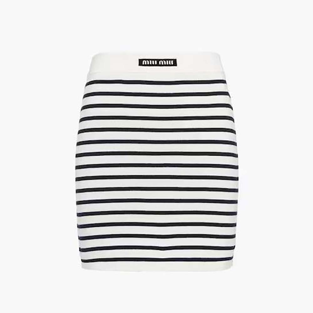 Front view of Miu Miu Women Cotton Miniskirt with Intarsia Logo-Black