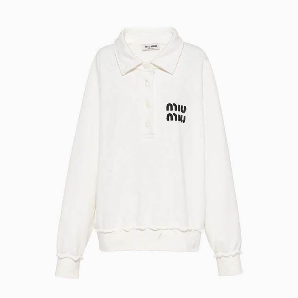 Front view of Miu Miu Women Cotton Polo Sweatshirt with Embroidered Logo-White