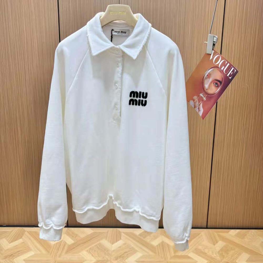 Close-up of embroidered logo detail on Miu Miu Women Cotton Polo Sweatshirt