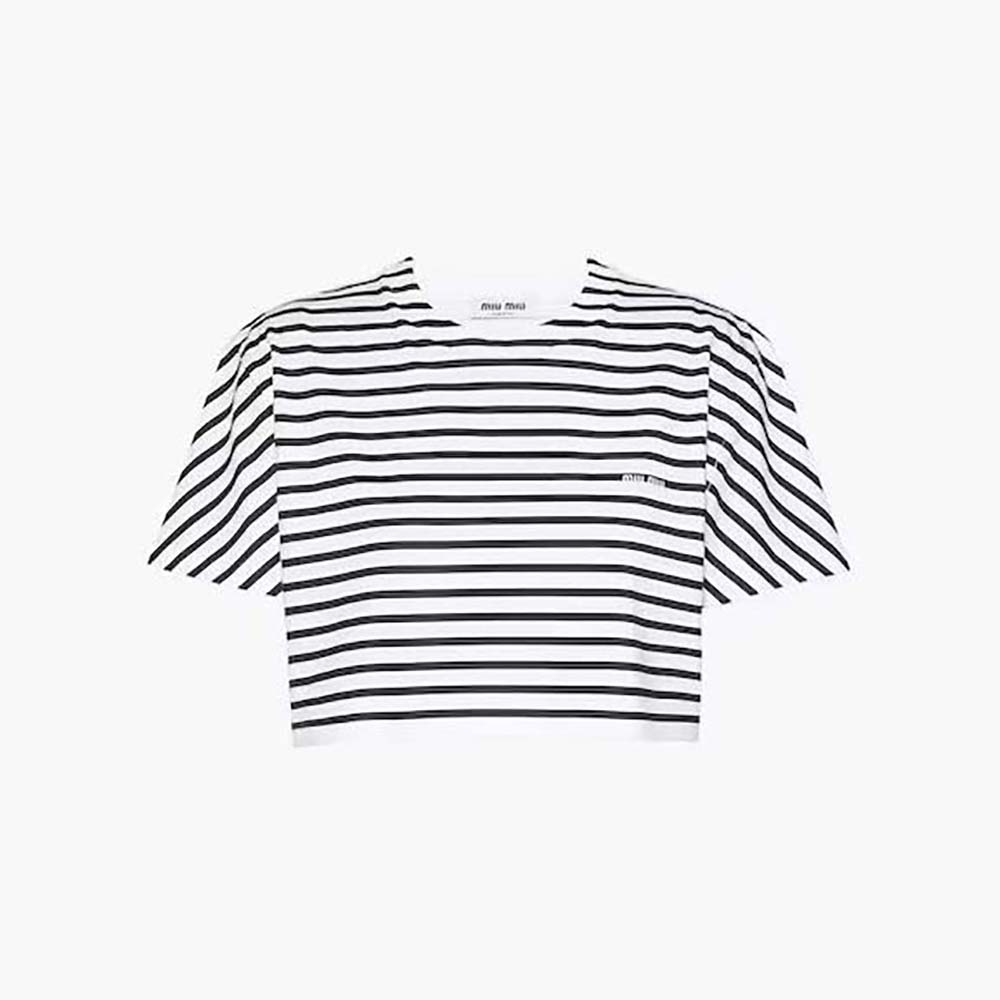 Front view of Miu Miu Women Cotton T-shirt with Printed Logo-Black showing logo detail