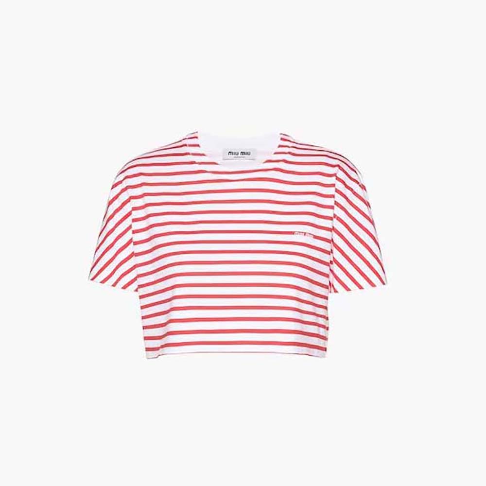 Front view of Miu Miu Women Cotton T-shirt with Printed Logo-Red