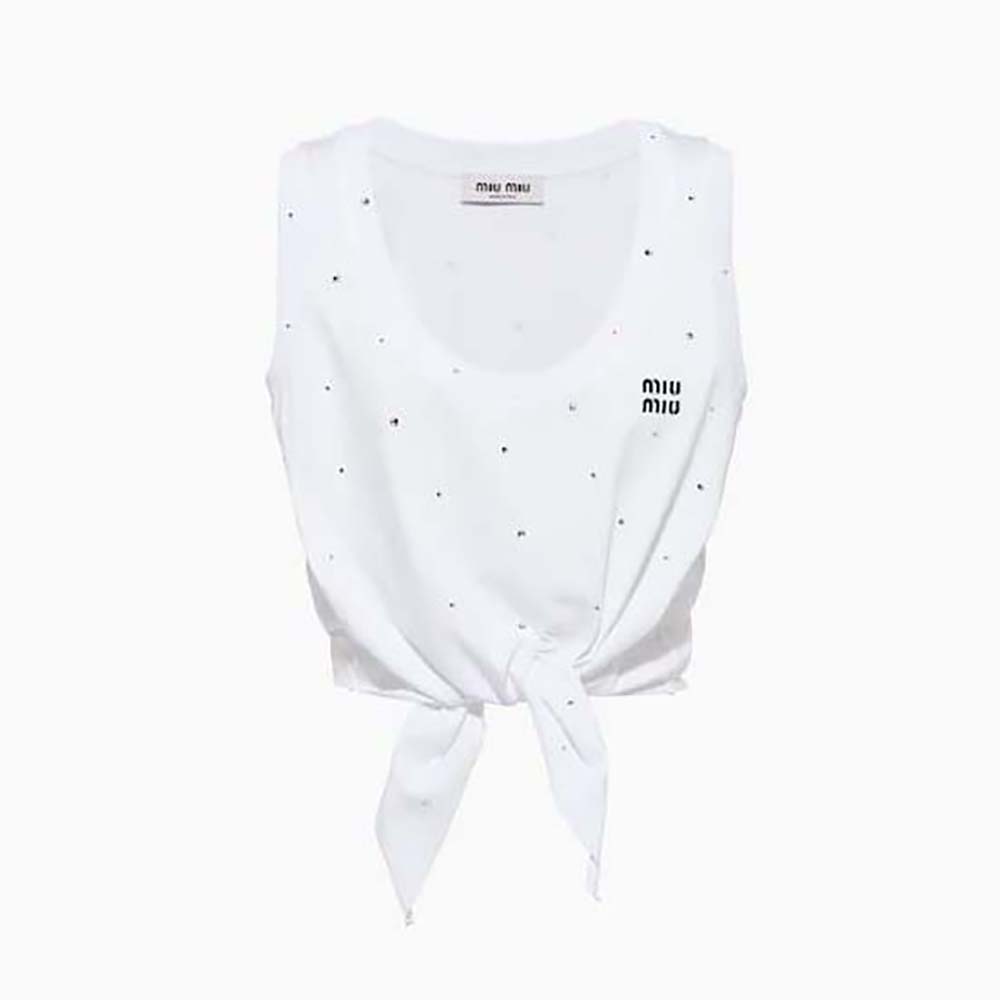 Front view of Miu Miu Women Cotton Top with Crystals with Embroidered Logo-White