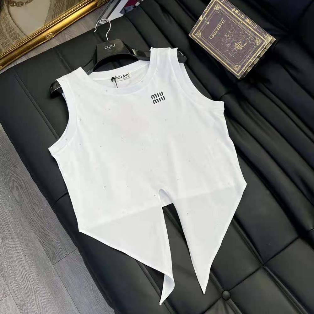Miu Miu Women Cotton Top with Crystals with Embroidered Logo-White - image 4