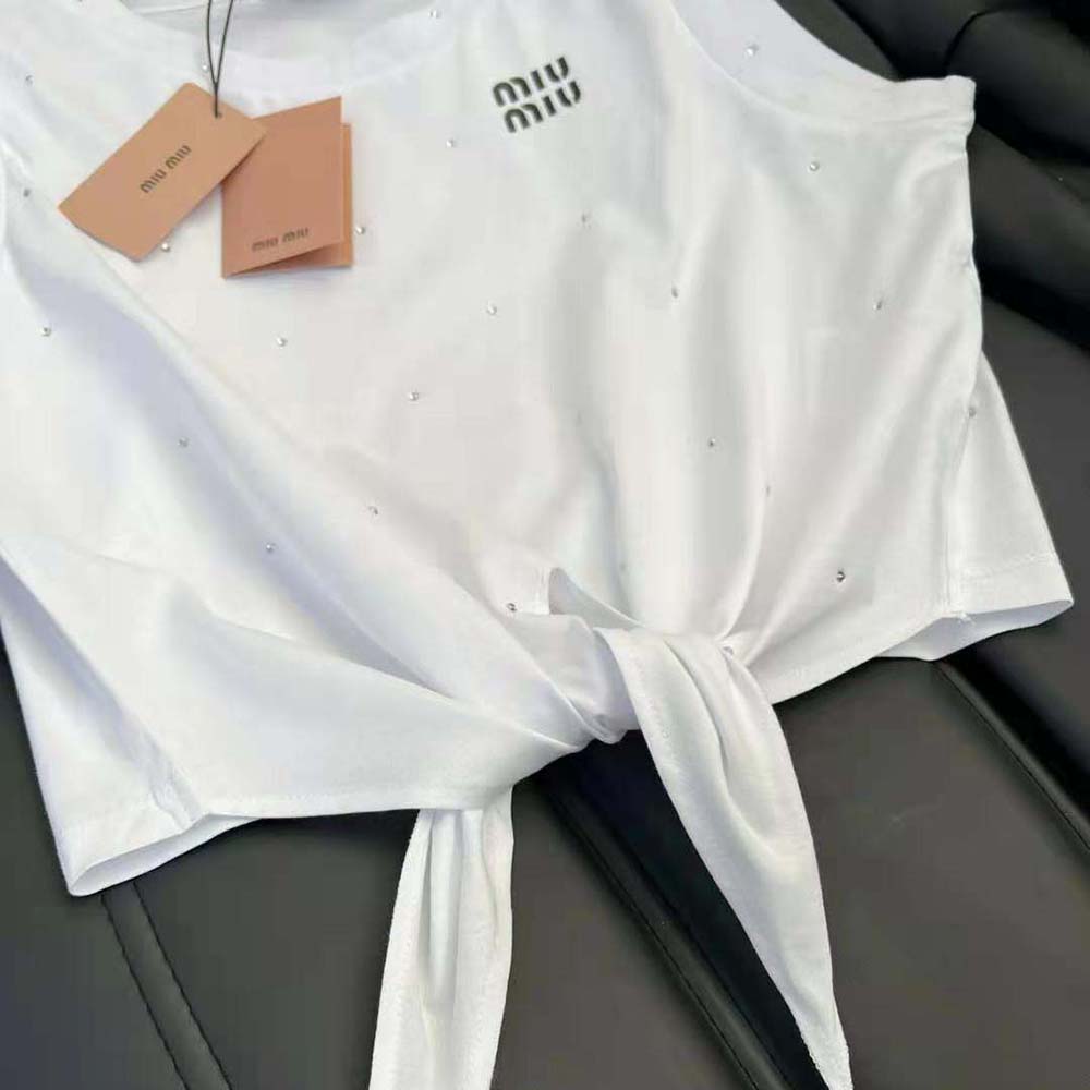 Miu Miu Women Cotton Top with Crystals with Embroidered Logo-White - image 9