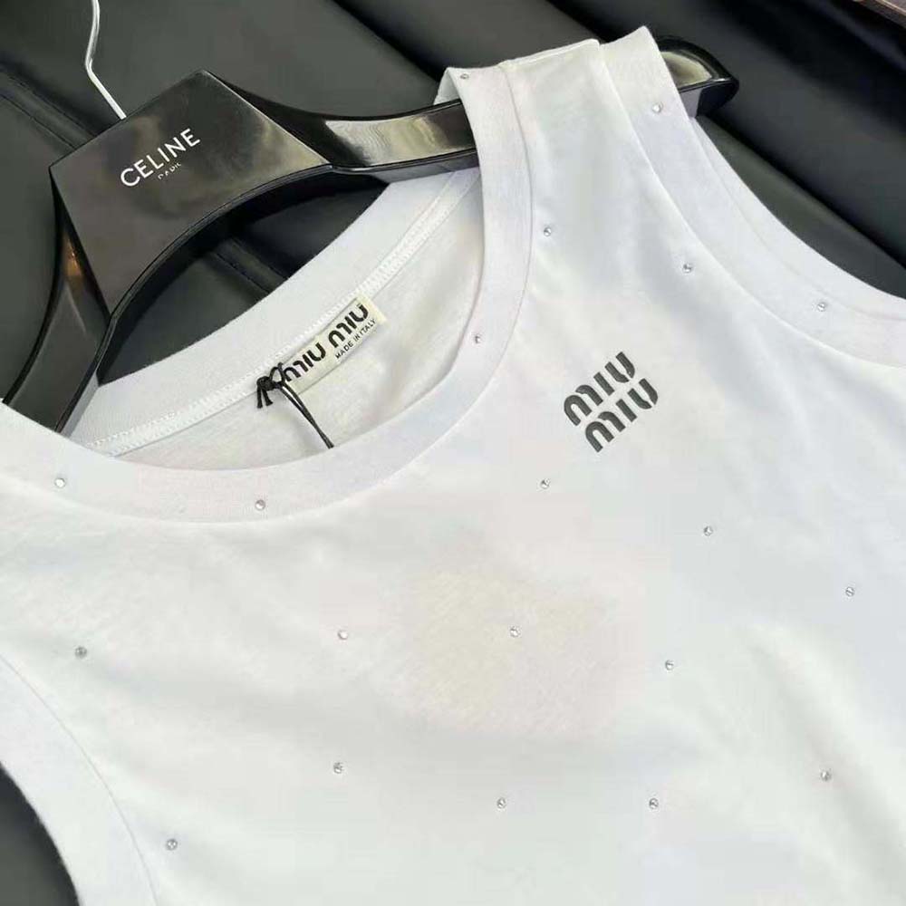 Miu Miu Women Cotton Top with Crystals with Embroidered Logo-White - image 8