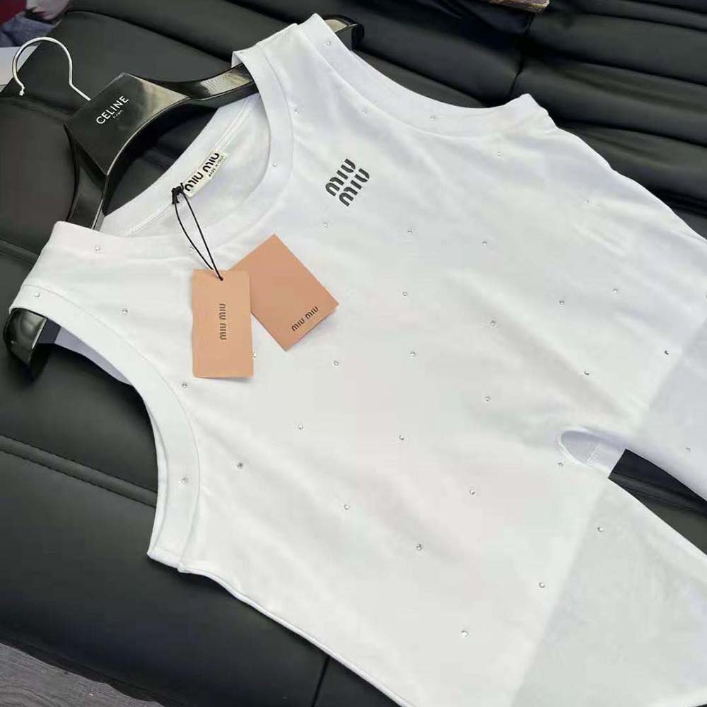 Miu Miu Women Cotton Top with Crystals with Embroidered Logo-White - image 7