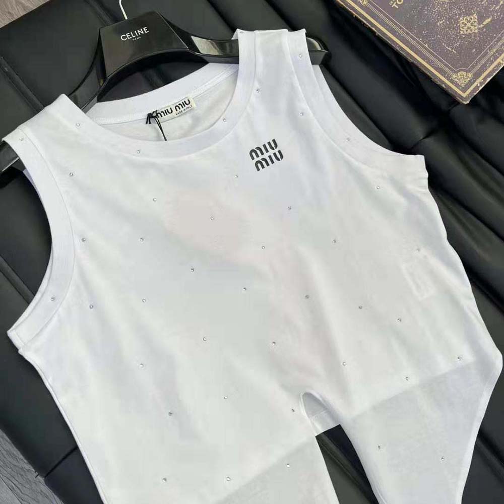 Miu Miu Women Cotton Top with Crystals with Embroidered Logo-White - image 6