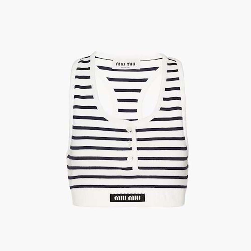 Front view of Miu Miu Women Cotton Top with Intarsia Logo-White