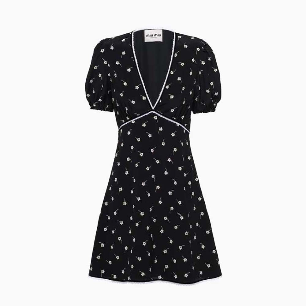 Front view of Miu Miu Women Crepe De Chine Mini-Dress-Black showing fitted silhouette