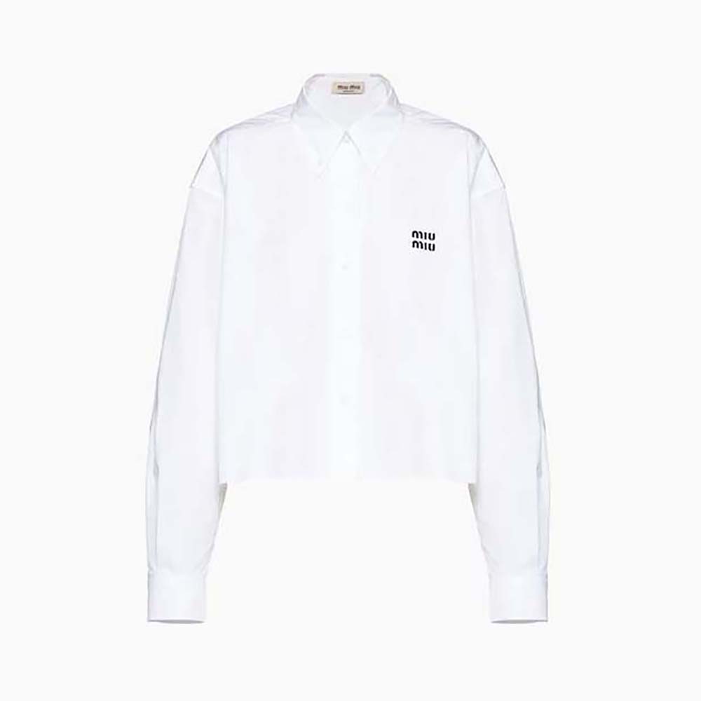 Front view of Miu Miu Women Cropped Poplin Shirt with Embroidered Logo-White