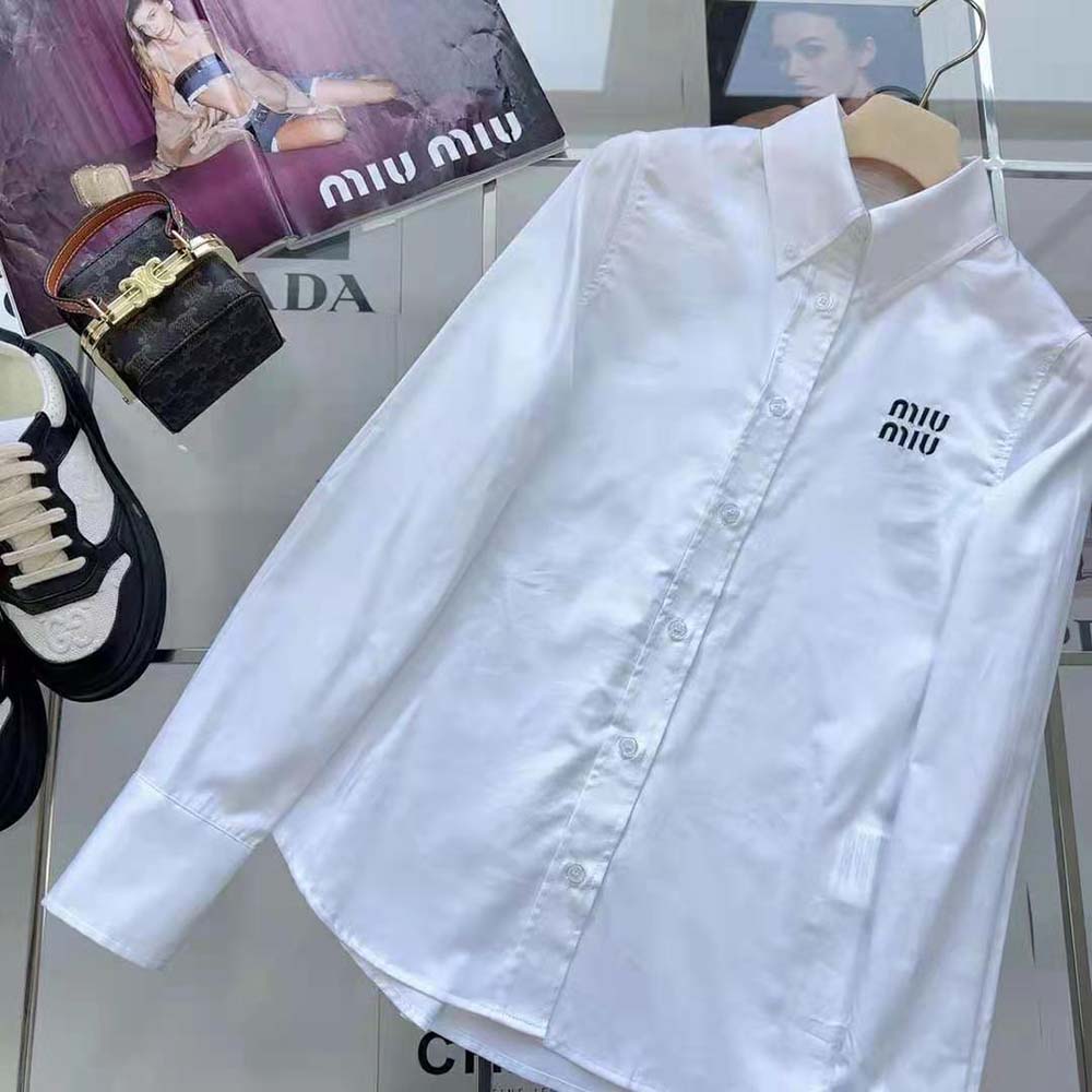Miu Miu Women Cropped Poplin Shirt with Embroidered Logo-White - image 6