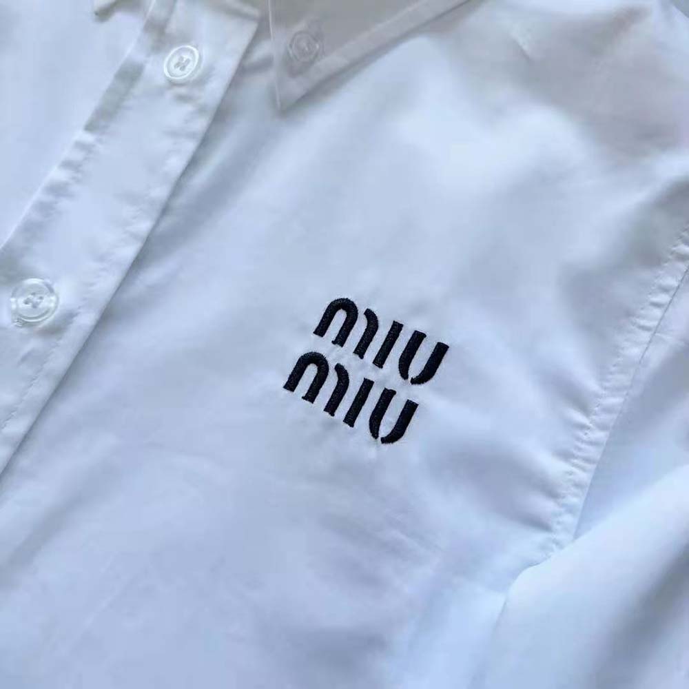 Miu Miu Women Cropped Poplin Shirt with Embroidered Logo-White - image 9