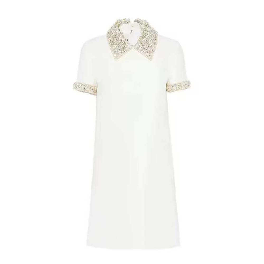 Front view of Miu Miu Women Crystal-Embellished Shift Dress-White showing crystal neckline