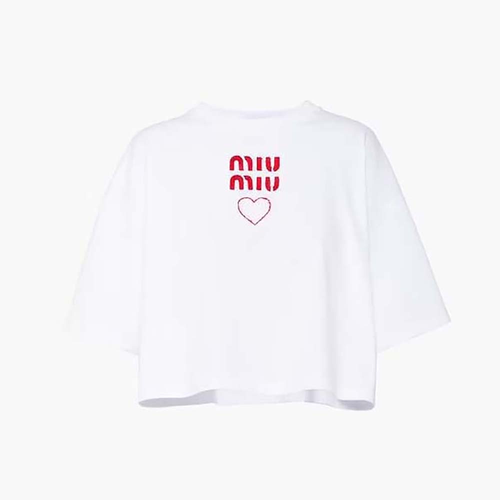 Front view of Miu Miu Women Embroidered Cotton Jersey T-shirt with Contrasting Logo-White